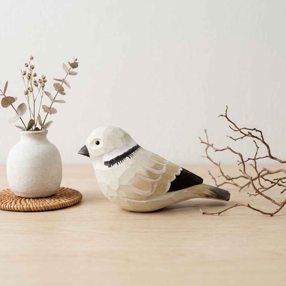 Snow Bunting Figurine, hand-carved wooden figurine