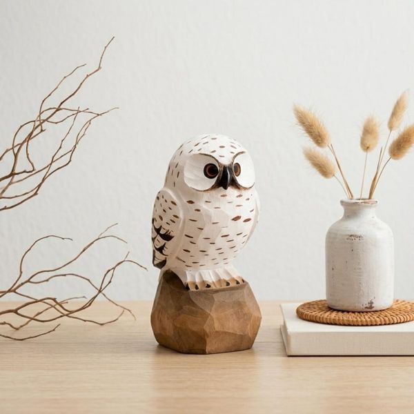 Snowy Owl on Engraved Base, hand-carved wooden figurine