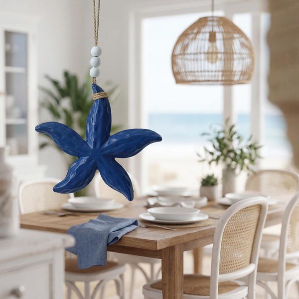 Deep Blue Wooden Starfish, hand-carved wooden figurine