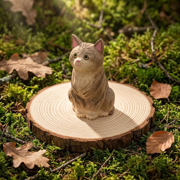 Low-Poly Tabby Cat, hand-carved wooden figurine