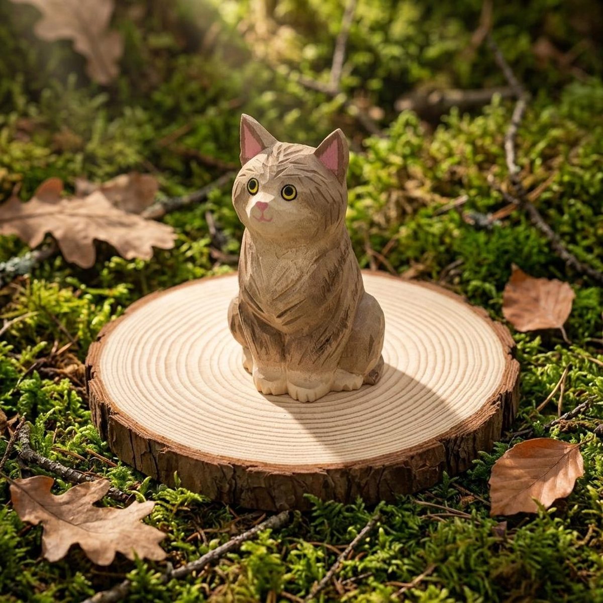 Low-Poly Tabby Cat, hand-carved wooden figurine