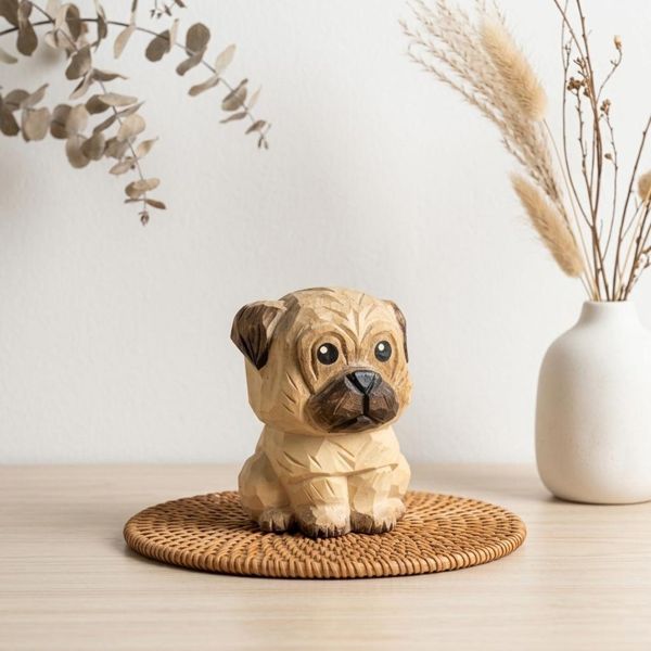 Textured Pug, hand-carved wooden figurine
