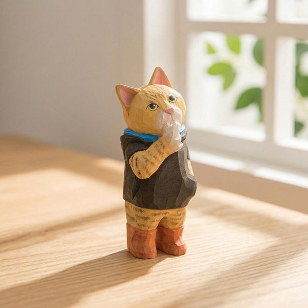Thinking Cat in Rain Boots, hand-carved wooden figurine
