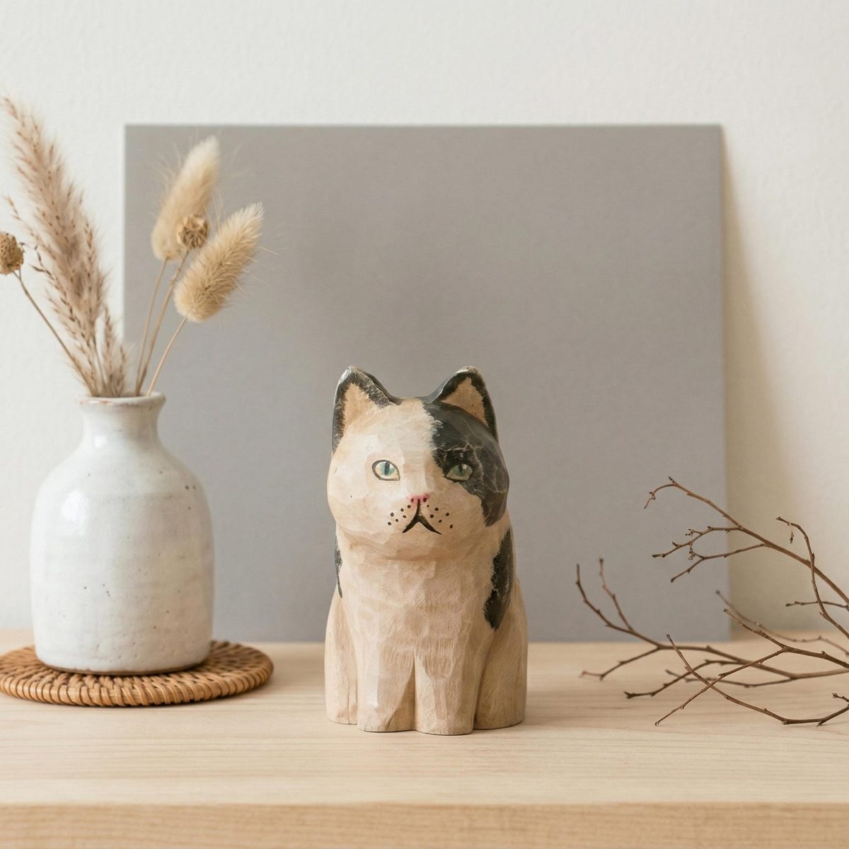 Vintage Calico Cat, hand-carved wooden figurine