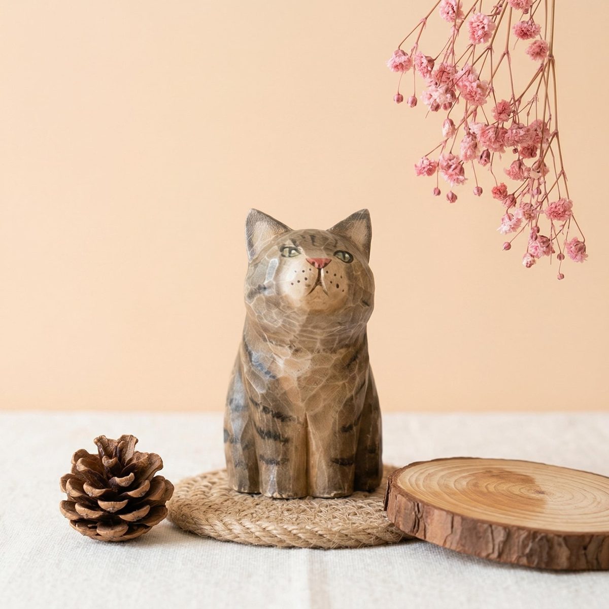 Vintage Tabby Cat, hand-carved wooden figurine