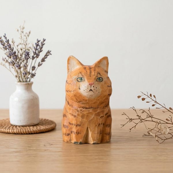 Vintage Painted Tabby Cat, hand-carved wooden figurine