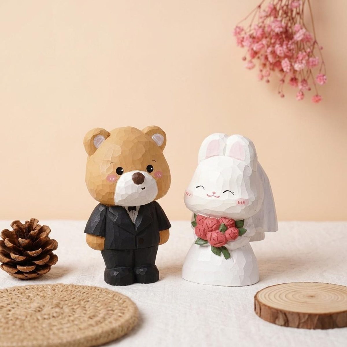 Bear and Bunny Wedding Couple, hand-carved wooden figurine
