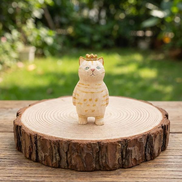 Crowned Tabby Cat, hand-carved wooden figurine