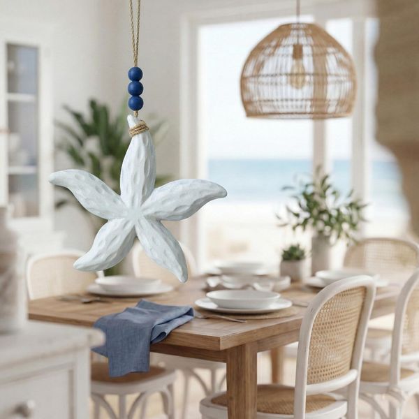 White Wooden Starfish Wall Hanging, hand-carved wooden figurine