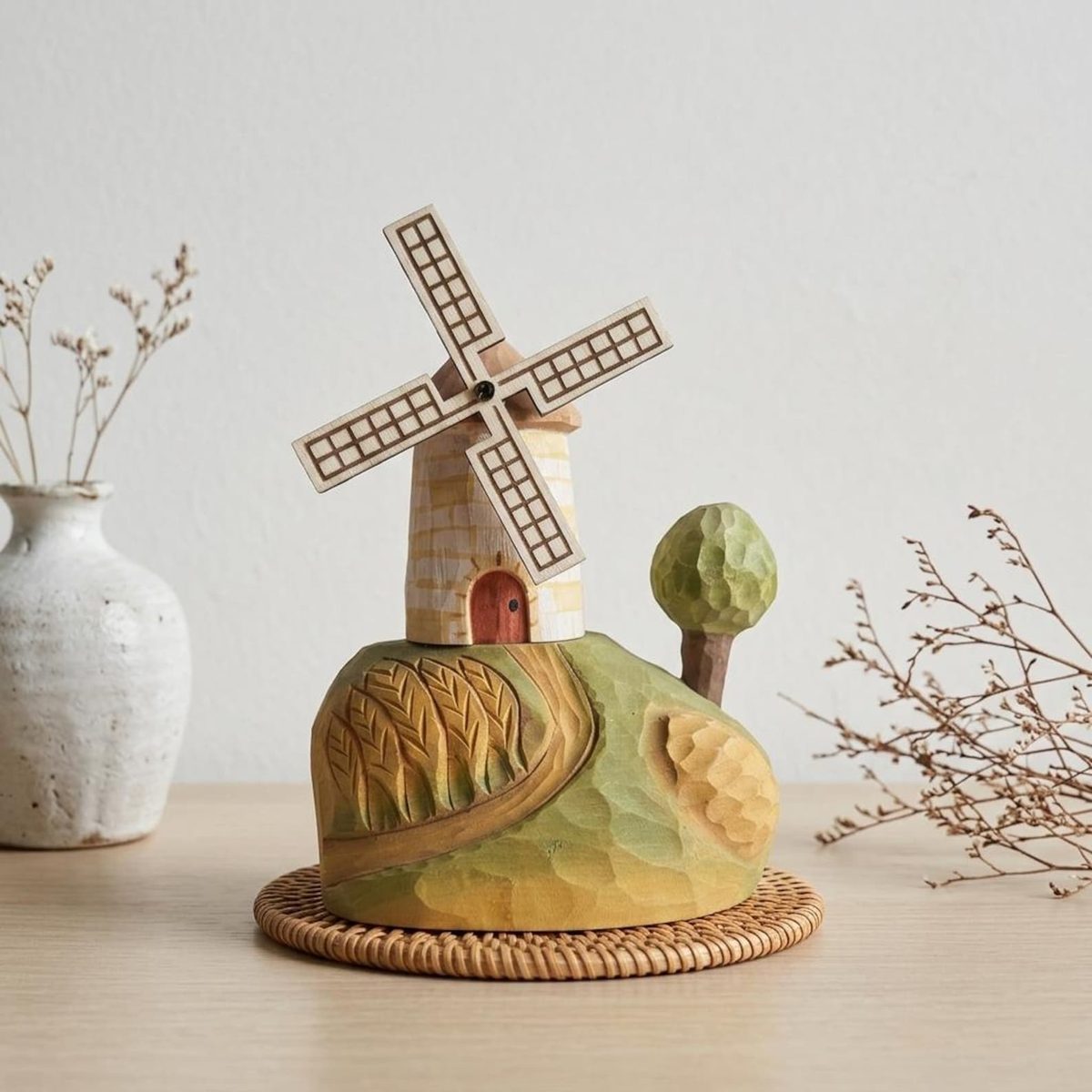 Wooden Windmill Figurine, hand-carved wooden figurine